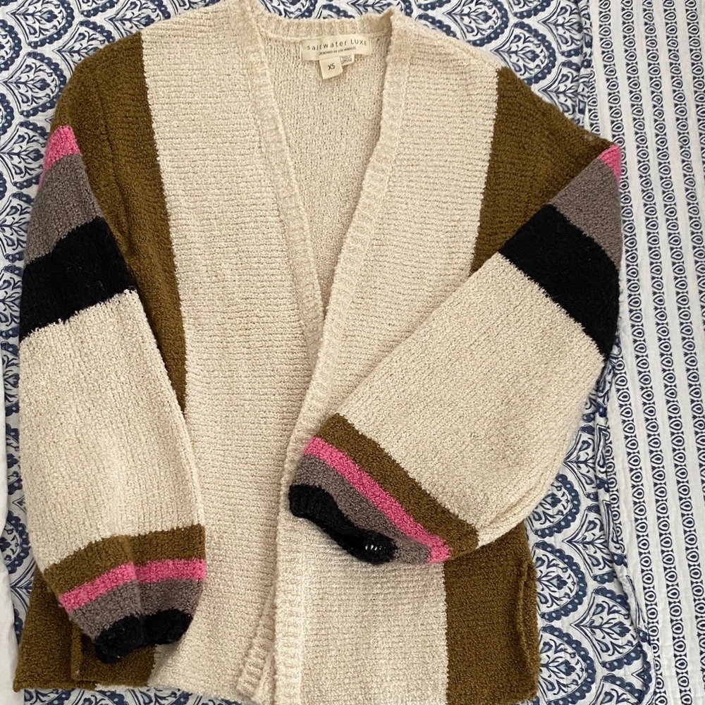 Saltwater Luxe Cream and Olive Striped Cardigan XS